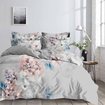 Povlečení SEN mikroflanel, růžovo-modré květiny na šedé, 140x200cm + 70x90cm