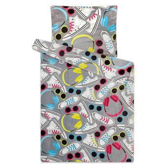 Povlečení KECKY mikroflanel, barevné boty na světle šedé, dětské, 140x200cm + 70x90cm