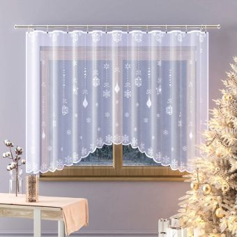 Kusová záclona VÁNOČNÍ OZDOBY, jednobarevná bílá, ozdoby a vločky vánoční, (více rozměrů)