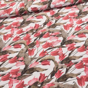 Směsové plátno červené tulipány, š.140cm (látka v metráži)
