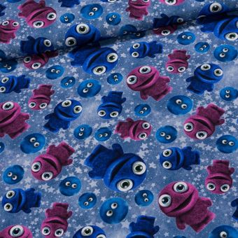 Bavlněný úplet dětský 6-10020 DIGITÁLNÍ TISK růžoví a modří smajlíci, š.180cm (látka v metráži)