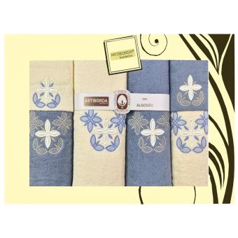 Dárkový set froté ručníků a osušek 193, 6-dílný, modrá a krémová s výšivkou 2x 30x50cm + 2x 50x90cm + 2x 70x140cm