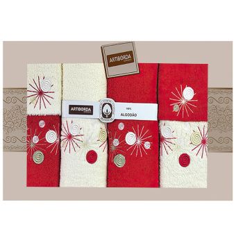 Dárkový set froté ručníků a osušek 52, 6-dílný, krémová a červená s výšivkou, 2x 30x50cm + 2x 50x90cm + 2x 70x140cm