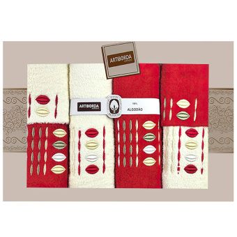 Dárkový set froté ručníků a osušek 55, 6-dílný, krémová a červená s výšivkou, 2x 30x50cm + 2x 50x90cm + 2x 70x140cm
