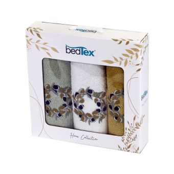 Dárkový set froté ručníků OLIVOVÝ VĚNEČEK, zelený s výšivkou, 30x50cm, 3ks