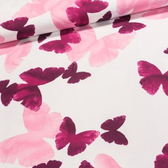 Dekorační závěs SOFT 33227-106, růžoví motýli na bílé, šířka 150cm (látka v metráži)