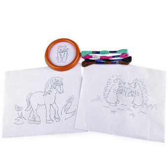 Dětská vyšívací sada s předtištěným motivem 380095/1, koník a ježci (rámeček, předtisk a příze)