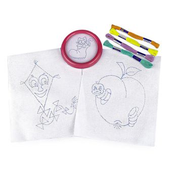 Dětská vyšívací sada s předtištěným motivem 380095/10, drak a jablko (rámeček, předtisk a příze)