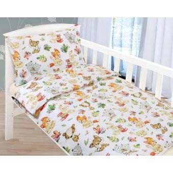 Dětské povlečení do postýlky LESNÍ ZVÍŘÁTKA, bílé, bavlna hladká, 90x135cm + 45x60cm