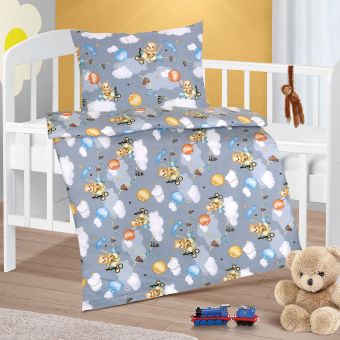 Dětské povlečení do postýlky MEDVÍDEK V LETADLE, šedé, bavlna hladká, 90x135cm + 45x60cm