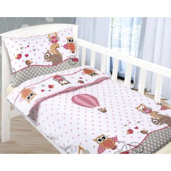 Dětské povlečení do postýlky RŮŽOVÁ SOVIČKA, bílé, bavlna hladká, 100x135cm + 45x60cm