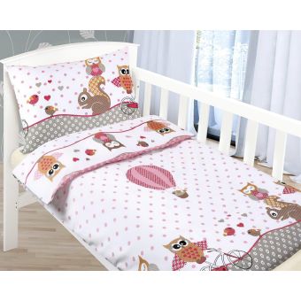Dětské povlečení do postýlky RŮŽOVÁ SOVIČKA, bílé, bavlna hladká, 90x135cm + 45x60cm
