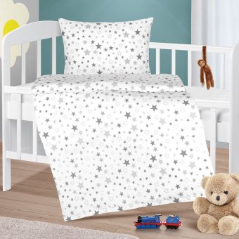 Dětské povlečení do postýlky ŠEDÉ HVĚZDIČKY NA BÍLÉ, bavlna hladká, 90x135cm + 45x60cm