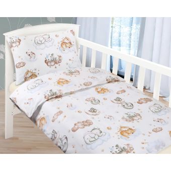 Dětské povlečení do postýlky ZVÍŘÁTKA NA OBLÁČKU, bílé, bavlna hladká, 90x135cm + 45x60cm