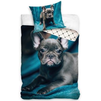 Dětské povlečení FRANCOUZSKÝ BULDOČEK, fototisk, tmavá tyrkysová, bavlna hladká, 140x200cm + 70x90cm 
