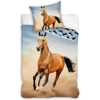 Dětské povlečení KŮŇ HNĚDÁK, fototisk, hnědo-modré, bavlna hladká, 140x200cm + 70x90cm 