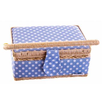 Kazeta / košík na šití, čalouněný 43, modrý puntík, 19 x 13 x 10cm