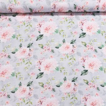 Košilovina bavlněná, mušelín tisk 3119/01, růžovo-fialové květy na šedé š.140cm (látka v metráži)