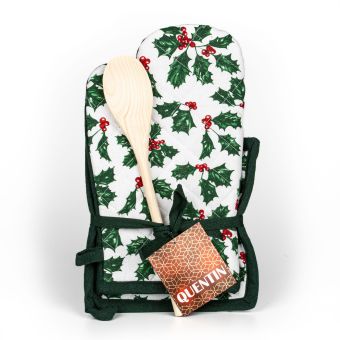 Kuchyňská chňapka vánoční AK-3945, cesmína, zelená 28x18cm + podložka 20x20cm + vařečka