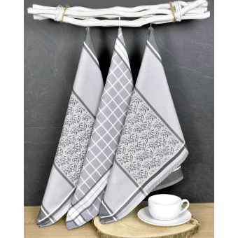 Kuchyňské utěrky EGYPTSKÁ BAVLNA DORO GREY MIX, šedé ornamenty v proužku a kostka, 3 kusy, 50x70cm