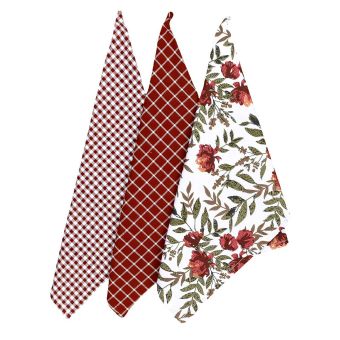 Kuchyňské utěrky GARDENA BORDÓ, květinový vzor a kostka, 3 kusy, 45x70cm