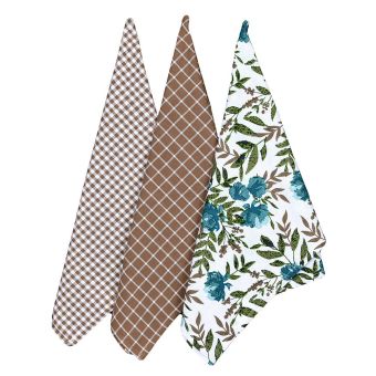 Kuchyňské utěrky GARDENA MODRÁ, květinový vzor a kostka, 3 kusy, 45x70cm