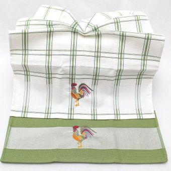 Kuchyňské utěrky KOHOUT vaflové vyšívané, zeleno-bílá, 2 kusy 45x70cm