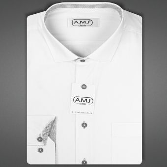 Pánská košile AMJ jednobarevná JDR018/34, bílá se světle šedými doplňky, dlouhý rukáv, regular fit