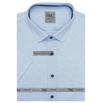 Pánská košile AMJ bavlněná, bílá s modrými tečkovanými křížky VKBR1206, krátký rukáv (regular + slim fit)