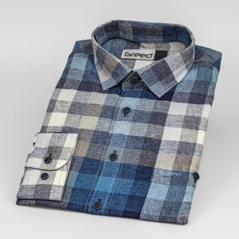 Pánská košile GREED flanelová, modro-béžová károvaná SDF384, dlouhý rukáv, regular fit