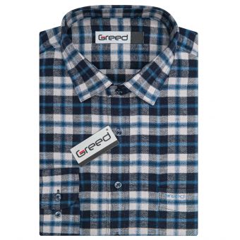 Pánská košile GREED flanelová, modro-šedá károvaná SDF395, dlouhý rukáv, regular fit