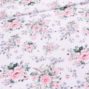 Polyesterové plátno se zátěrem / ubrusovina 8955-14, šípkové růže na bílé, š.155cm (látka v metráži)