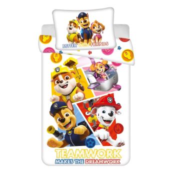 Dětské povlečení do postýlky TLAPKOVÁ PATROLA PAW PATROL 498, bílé, bavlna hladká, 100x135cm + 40x60cm 