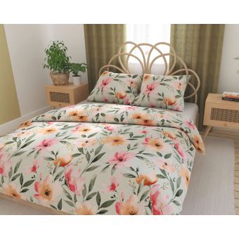 Povlečení FLORALIS, květnový vzor na bílo-zeleném podkladu, bavlněný satén, 140x200cm + 70x90cm