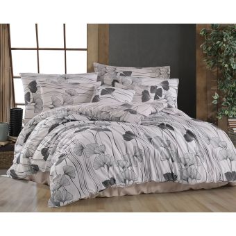 Povlečení GINKO BÍLÉ, šedé listy, bavlna hladká, 140x200cm + 70x90cm 