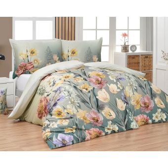 Povlečení Matějovský ELARA, květinový vzor, šedo-zelené, bavlněný satén, digitál, 140x200cm + 70x90cm