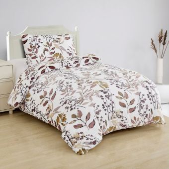 Povlečení RAMITA béžové lístky na bílé, mikroflanel, 140x200cm + 70x90cm