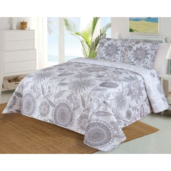 Přehoz na postel PRADO šedý, květinový vzor, 220x240cm, dvoulůžkový + 2x povlak 45 x 45cm
