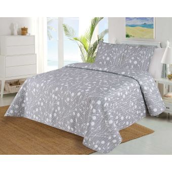 Přehoz na postel RAMAS šedý, drobný květinový vzor, 220x240cm, dvoulůžkový + 2x povlak 45 x 45cm