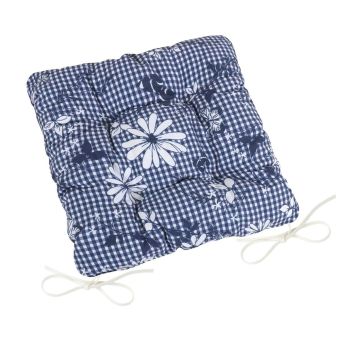 Prošívaný sedák DITA 41/410, MODRÁ KOSTIČKA S KVĚTEM, čtverec 40x40cm