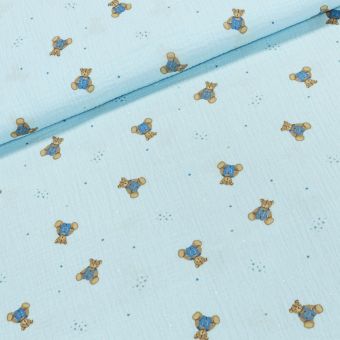 Šatovka / mušelín dětská fáčovina MEDVÍDEK NA MODRÉ, š.135cm (látka v metráži)