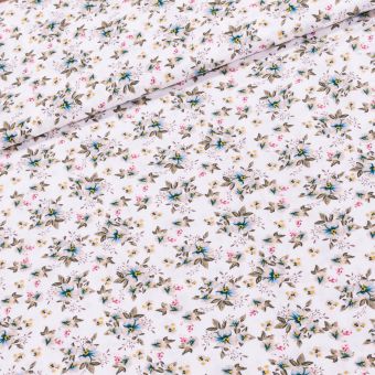 Šatovka viskózová 0079/02, modré a růžové kvítky na krémové, š.145cm (látka v metráži)