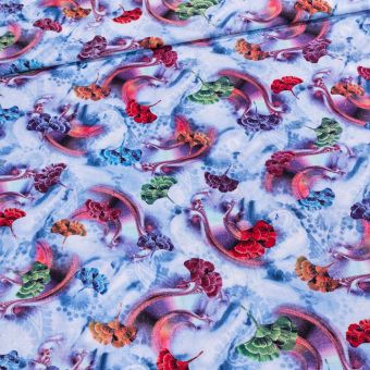 Šatovka viskózová 2886 B, ginko na modré, š.140cm (látka v metráži)