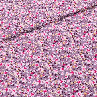 Šatovka viskózová 3136 D, červené a žluté květiny na šedo-fialové, š.145cm (látka v metráži)