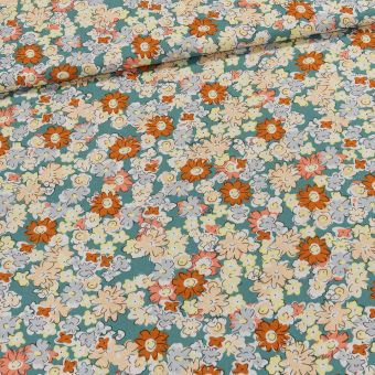 Šatovka viskózová 3141C, květy na tmavě tyrkysové, š.140cm (látka v metráži)