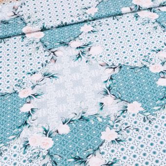 Šatovka viskózová  B0145, květy s ornamenty, tmavá mentolová, š.145cm (látka v metráži)