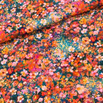 Šatovka viskózová B0173, oranžovo-modré květinky, š.160cm (látka v metráži)