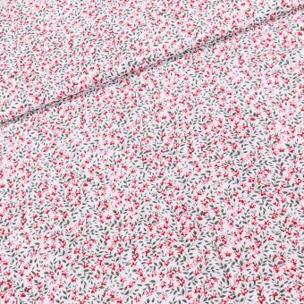 Šatovka viskózová N19056/15, červené květinky se zelenými lístky na bílé, š.140cm (látka v metráži)