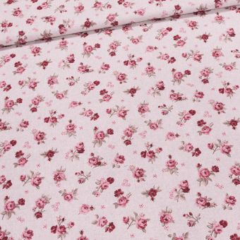 Směsové plátno 16549-M106,  růžové růžičky na režné, š.140cm (látka v metráži)