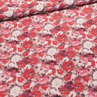Směsové plátno 2023-9, červené a bílé květiny, š.140cm (látka v metráži)